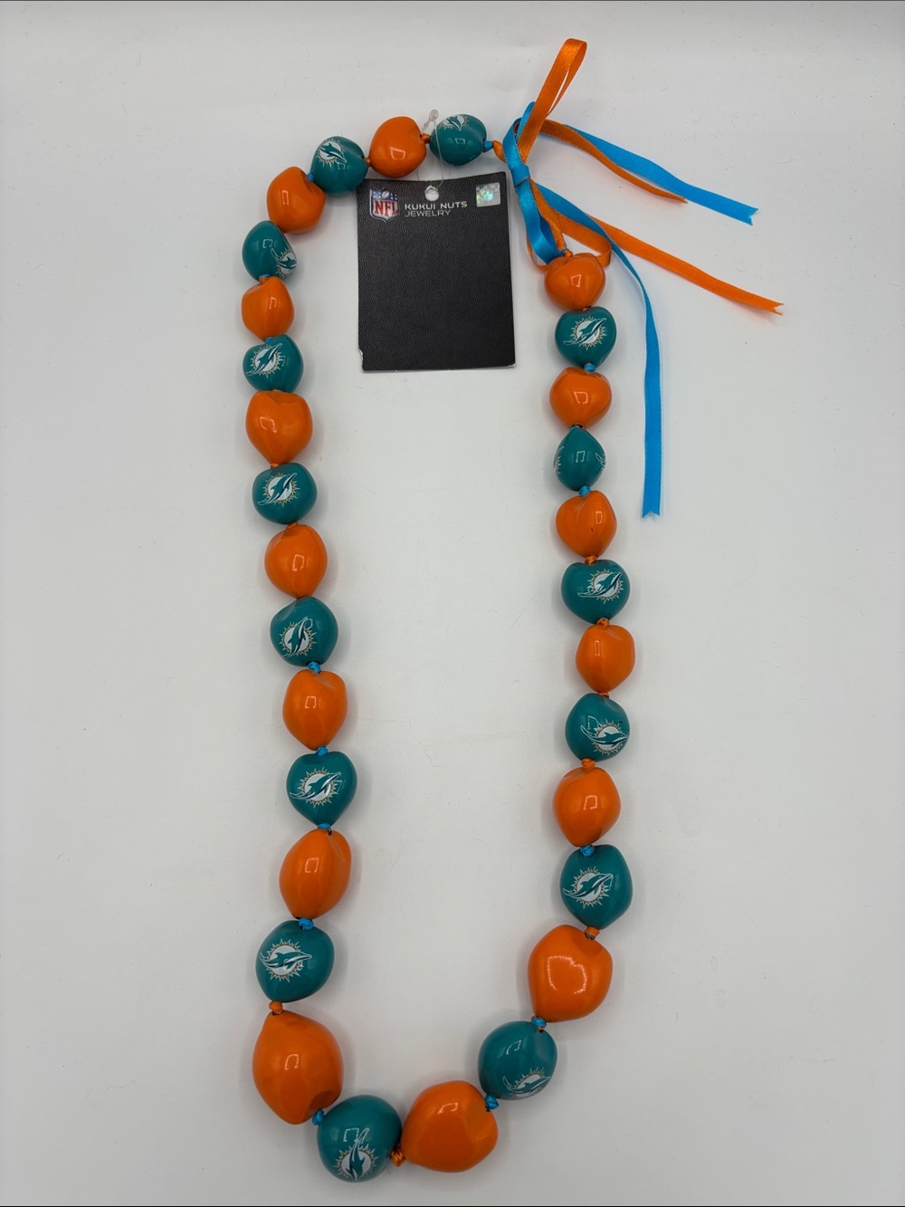 NWT NFL Miami Dolphins Orange & Teal Kukui Nut Lei Bead Necklace